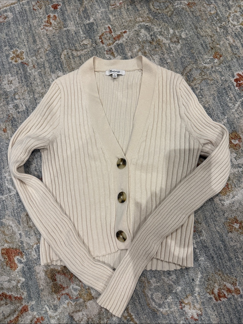 Madewell Ivory Ribbed V-Neck Button Front Cardigan